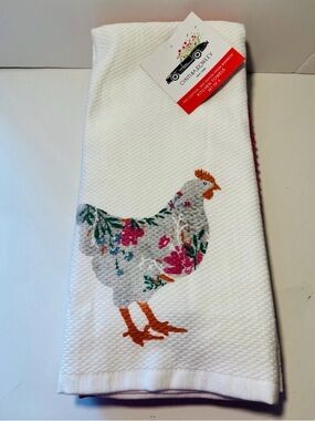 Cynthia Rowley Set of 3 White and Pink Rooster Cotton Rayon Kitchen Towels
